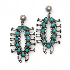Western Style Faux Turquoise Cabochon Silvertone Drop Dangle Earrings
