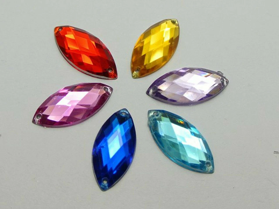 100 botones de estrás de acrílico con respaldo plano para coser ojos de caballo 9X20 mm coser cuentas Foto 2 de 4