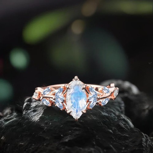 18k Gold Plated 925 Silver Natural Moonstone Marquise Cut Art Deco Vintage Ring - Picture 8 of 10