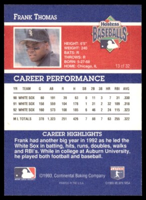 1993 Hostess Baseball Card Frank Thomas Chicago White Sox #13 | eBay