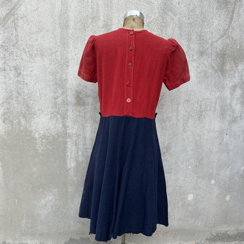 Vintage 1930s 40s Red Blue Wool Color Block Dress Embroidered ME Deco Stitched - Picture 11 of 14