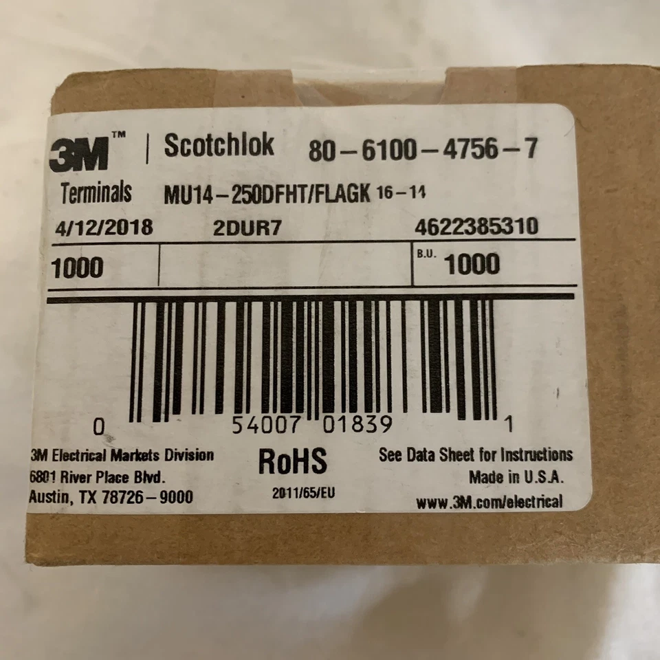 Qty (1000) 3M Scotchlok Female Disconnect Flag, High Temp  MU14-250DFHT/FLAGK - Image 3 of 4
