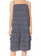 $150 Michael Kors Women's Blue Printed Smocked Ruffled Midi Shift Dress Size XS