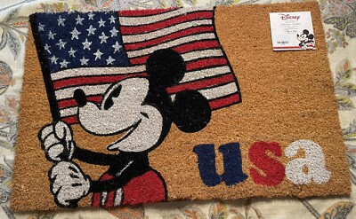 Disney Door Mat Mickey Flag USA Outdoor Coconut Coir Rubber Back 18x28  New NWT