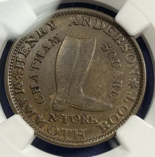 HARD TIMES TOKEN 1837 HENRY ANDERSON MAMMOTH BOOT NEW YORK NY NGC AU58 BN HT-219