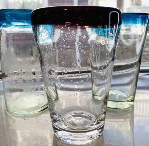 Mexican Color Rim Drinking Glass Shot Recycled Mix Hand Crafted Bubble Set-8 - Picture 7 of 19