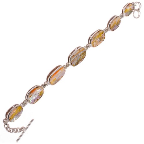 Sparkling Mother of Pearl Gemstone Handmade Elongated Engraved Flower Bracelet - Picture 2 of 3