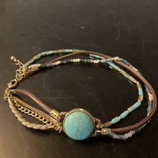 Carved Turquoise Double Stranded Silver Colored Necklace 16 Inches Long