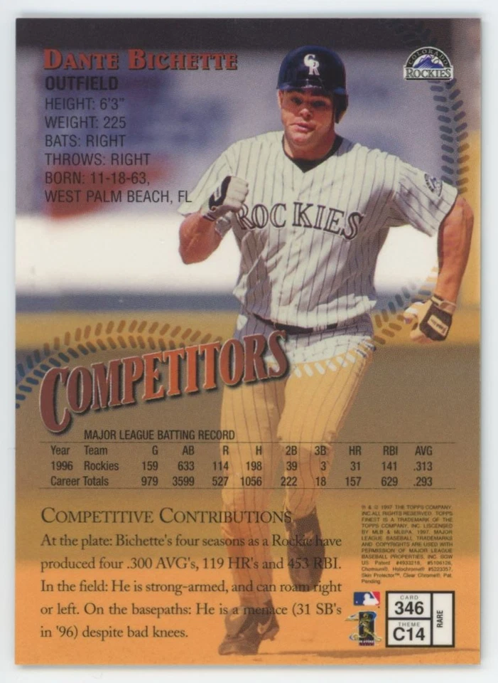 1997 Topps Finest gold RARE  competitors Dante Bichette Colorado Rockies #346 - Image 2 of 2
