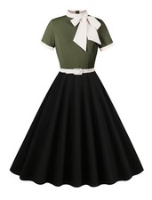 50s Style Dresses for Women Vintage Short Sleeve Tie Neck Swing Dress Midi Pr...