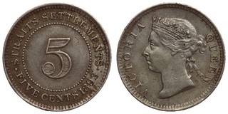 Straits Settlements 5 Cents 1893 Victoria Silver