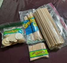 Lot of Misc Wood Crafting Art Supply Pieces Sticks Coin Sz Circles & Mini Dowels