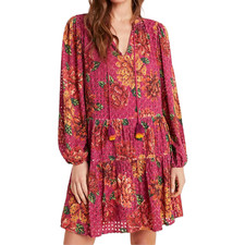 Farm Rio Anthro Eyelet Tiered Tunic Floral Split Neck Pink Multi Large P NWOT