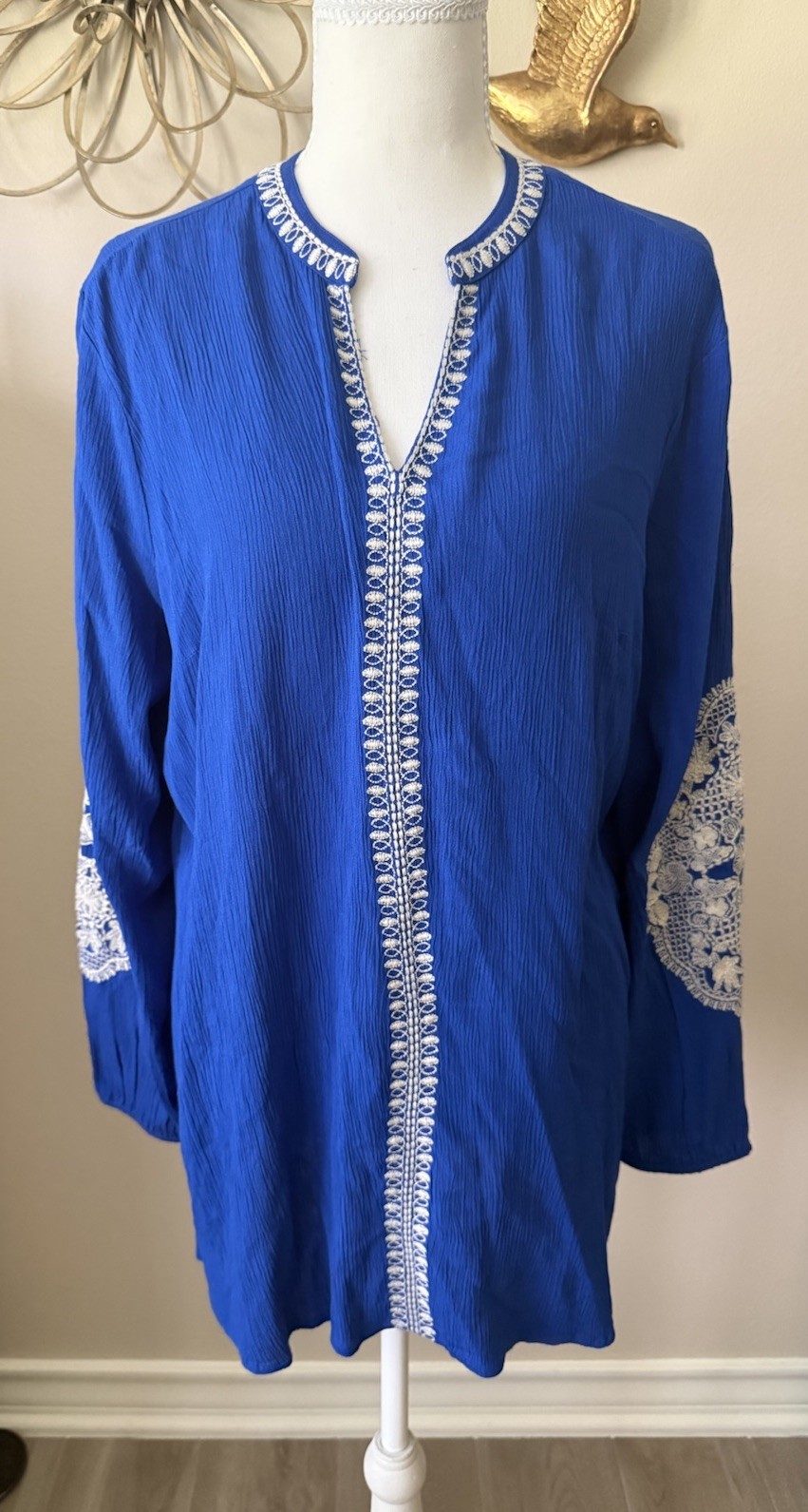 Soft Surroundings Blue Embroidered Tunic Top Large Boho Peasant Sleeve