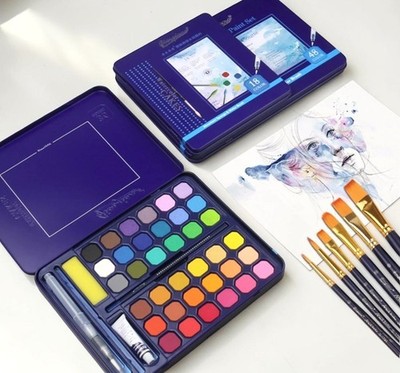 18/24/36/48 Farben einfarbig Aquarellfarbe Kuchen Palette Wasserpinsel Tablett Dose
