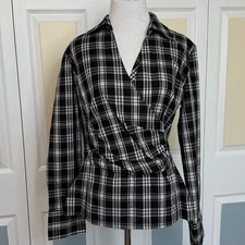 Talbots Black and White Plaid Wrap Blouse with Notched Collar Sz 8