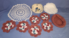 Lot of 10 - Vtg. 6 Handmade Crochet Coasters  holder  3 handmade doilies
