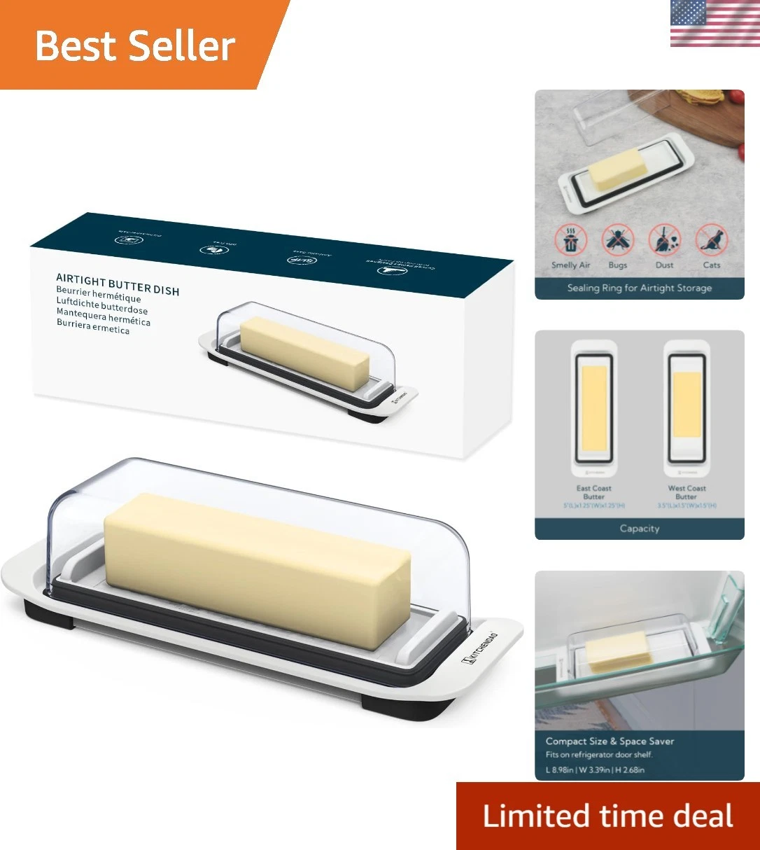 Airtight Butter Dish with Lid for Countertop and Refrigerator Door Shelf, But...