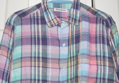 TOMMY BAHAMA Men's Large Button Up Shirt Colorful Plaid 100% Linen Excellent
