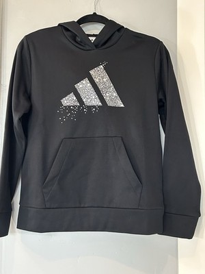 adidas Girls Black Hoodie with Silver Glitter Logo Sz 14 (L)