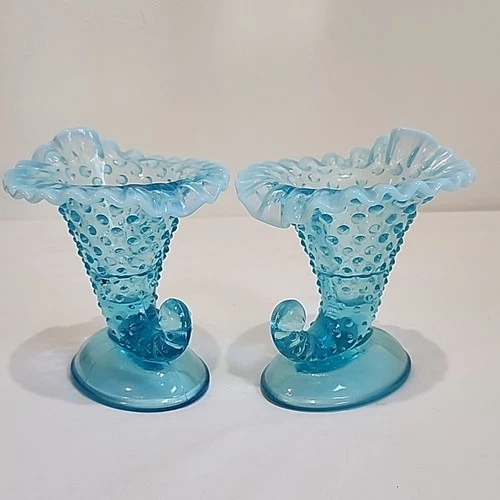 Fenton Blue Ruffled Opalescent Glass Hobnail Cornucopia, Pair