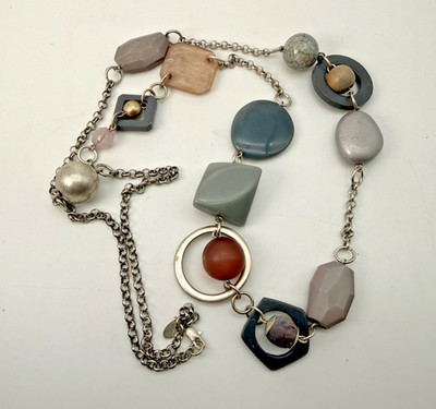 Next Necklace Chunky Mixed Beads Silver Tone Metal Chain Long