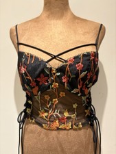 Black Floral Embroidered Mesh Bustier Corset Top, Demi, Lace Up, M