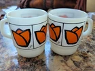 2 Vintage Fire King Mugs Orange Tulip Flower White Milk Glass Coffee Tea Cups