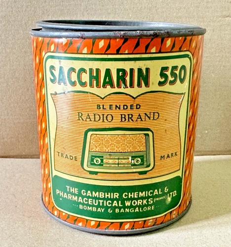 Vintage Rare Old Radio Brand Saccharin 550 Advertise Litho Print Round Tin Box