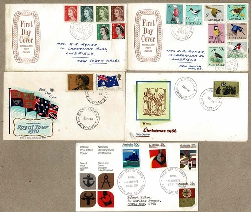 Australia 1966 - 1973 Group FDC Cover x5 inc Birds Shield Gateshead Postmark