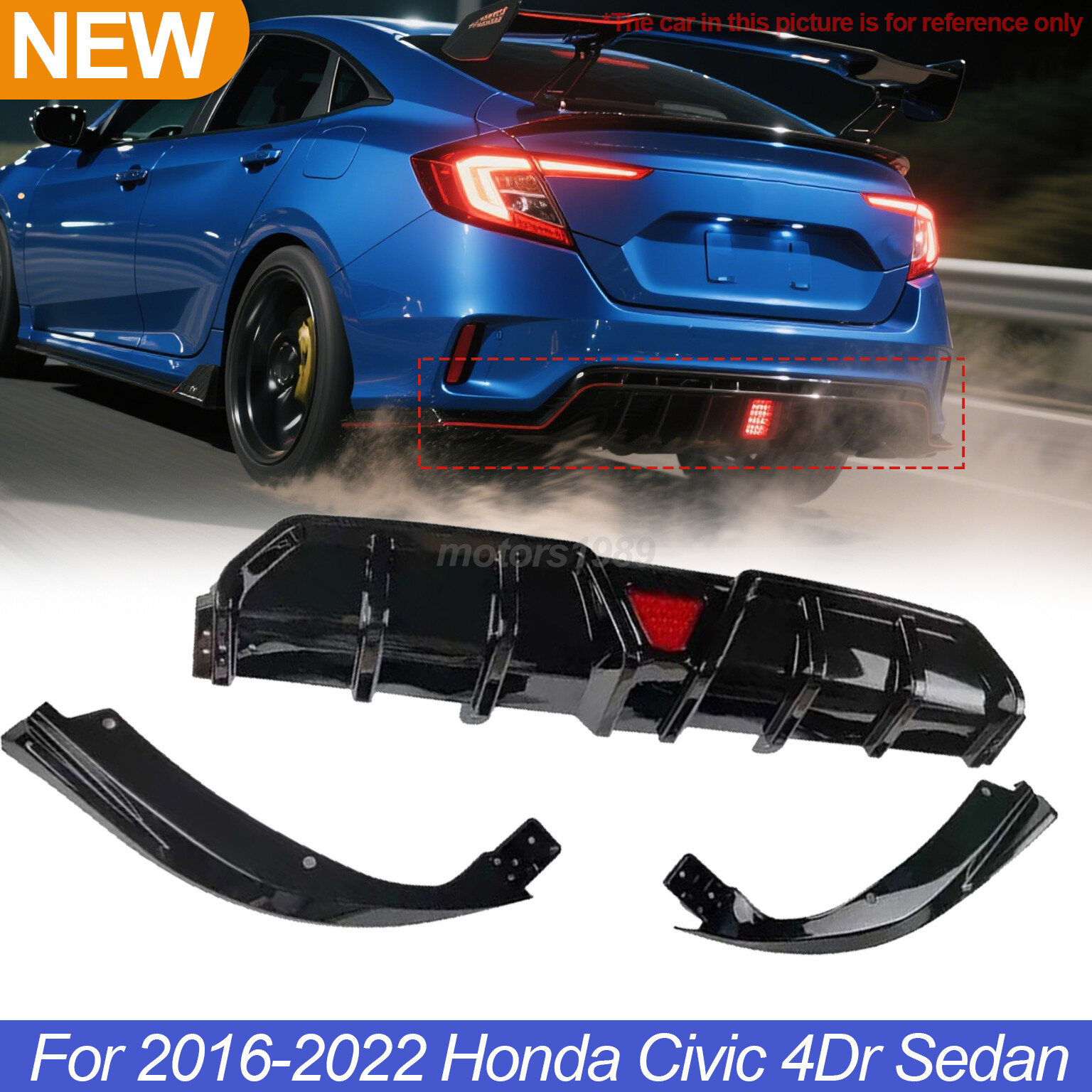For 2016-2022 Honda Civic 4Dr Sedan Rear Bumper Diffuser Lip+LED Glossy Black