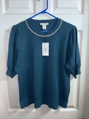 H Halston Beaded Neck Short Sleeve Pullover Sweater XL Deep Teal Color