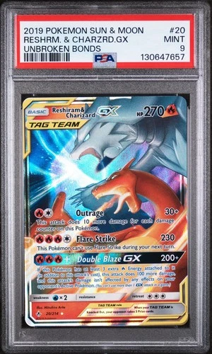 PSA 9 RESHIRAM & CHARIZARD GX #20 2019 POKEMON SUN & MOON UNBROKEN BONDS
