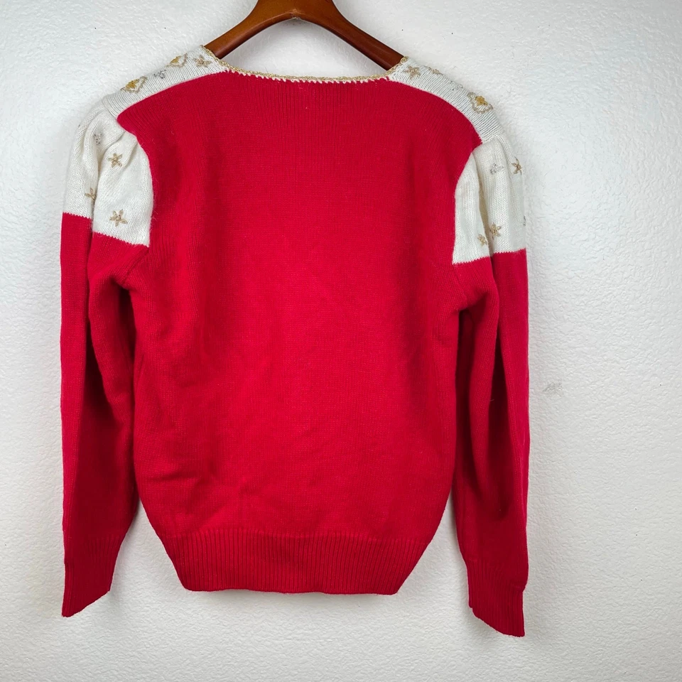 Vintage Womens Christmas Sweater Sz L Holiday Beaded Ugly Gold Embellished Red - Image 3 of 4