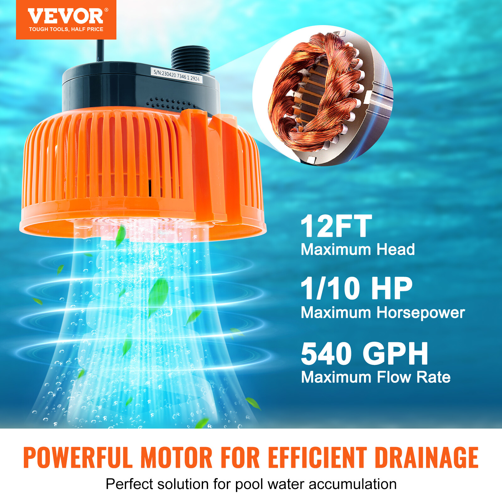 VEVOR Pool Cover Pump Submersible Swimming 1/10 HP 75W 540 GPH with 25