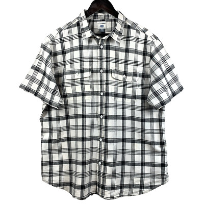 OLD NAVY Button Shirt Mens Sz Extra Extra Large Black White Plaid Slim Linen Cot