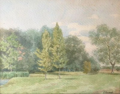 GIRARD "Paysage de Campagne" aquarelle 1940 - Photo 1/4