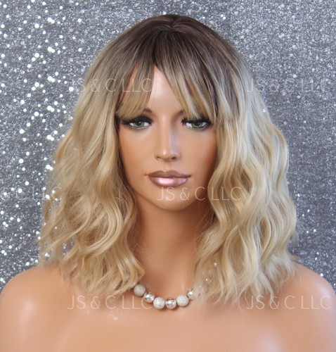 Blonde w Dark Roots Wig Center skin part Full bangs wavy Curly Heat OK Bob style - Picture 6 of 8