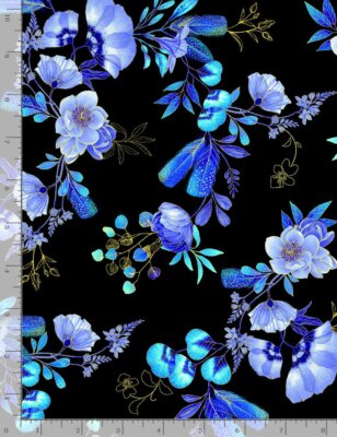 Royal Plume Fabric | Metallic Floral Bouquet Blue | Timeless Treasures YARD