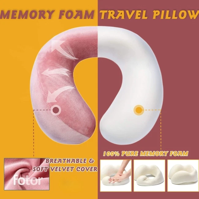 Memory Foam Travel Neck Pillow with Breathable Eye Mask and Ear Plugs for Comfort