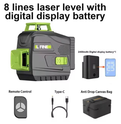Grüne Laserwaage 8 Linien Batterien, Fernbedienung, vertikale und horizontale Box
