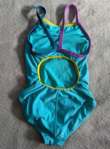 SPEEDO One Piece Swimsuit Girls Youth 14 L Teal Turquoise Green Yellow Purple - Picture 4 of 5