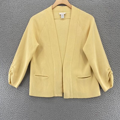 Chicos Sweater Womens 0 US Small Yellow Cardigan Open Front 3/4 Ruched Sleeves