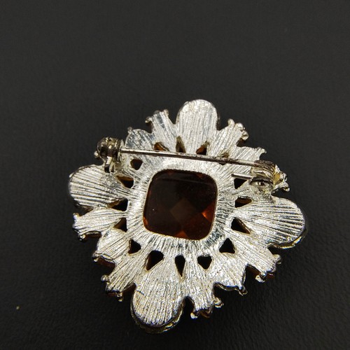 Art Deco Inspired Orange Rhinestone Brooch Pin Plastic Square Motif - Picture 13 of 24