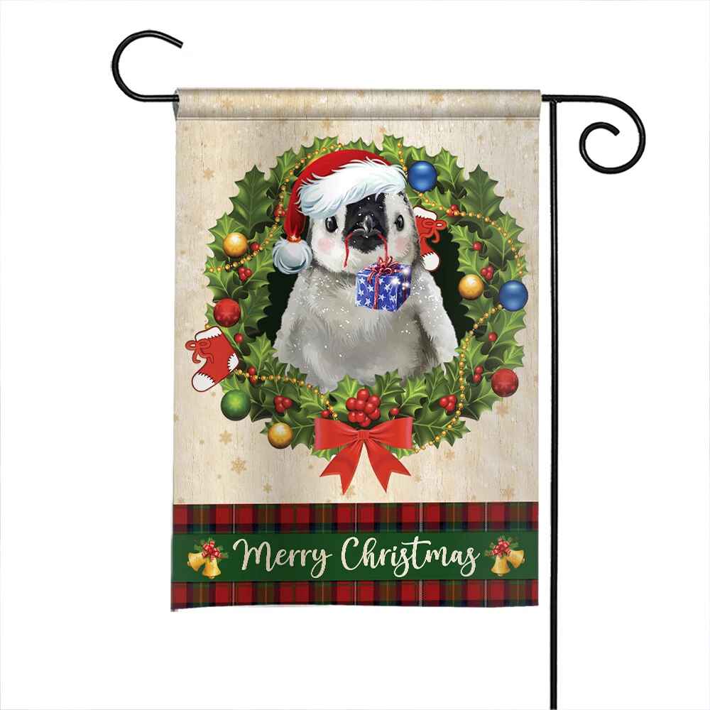 Penguin Merry Christmas Flag, Penguin Christmas Wreath Flag, Penguin Xmas Flag