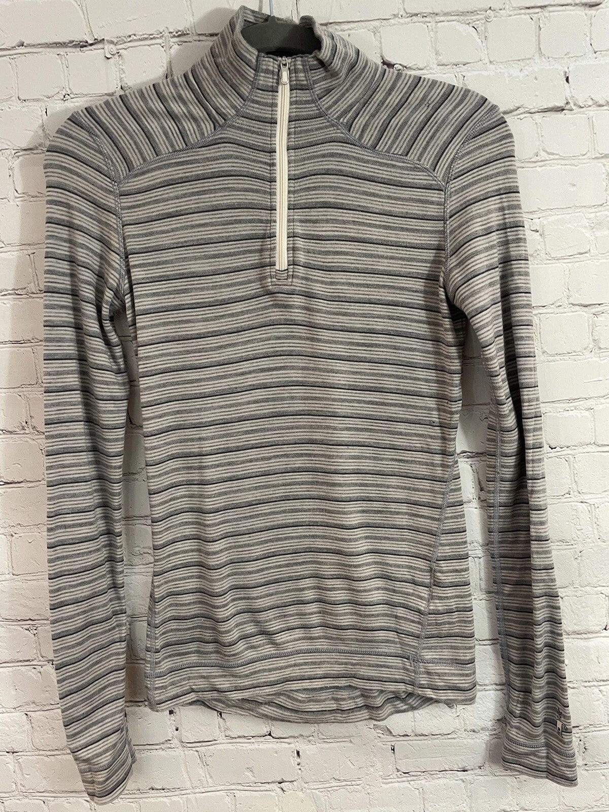 smartwool pullover striped 1/4 zip mended sweater