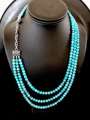 Native Blue Stabilized Turquoise Bead Navajo Sterling Silver Necklace 3390