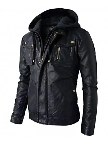 Men's Slim-Fit Black Lambskin Motorcycle Jacket with Detachable Hood