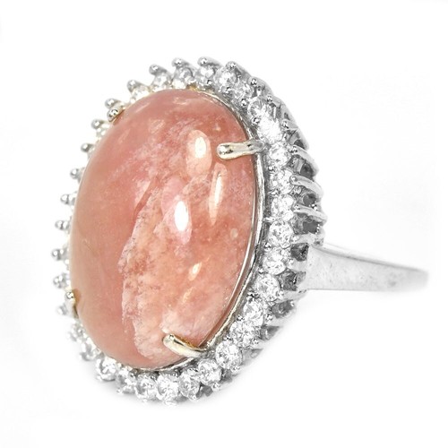 925 STERLING SILVER PINK RED RUBY OVAL CABACHON & WHITE CZ RING SIZE 9.25 - Picture 2 of 8