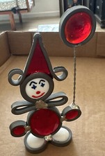 Vintage Handmade Stained Glass Standing Clown w/ Balloon Figurine 5  RED